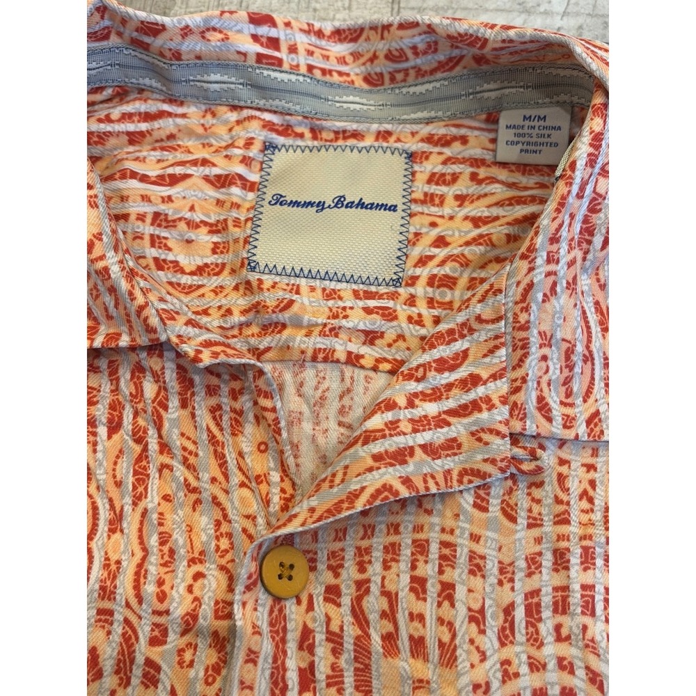 Tommy Bahama Mens Medium Silk Camp Shirt Orange Geometric Paisley Short Sleeve